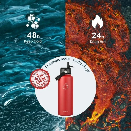 Buzio Duet Series Water Bottle with 2 Lids and Sleeve 1.2L - Red